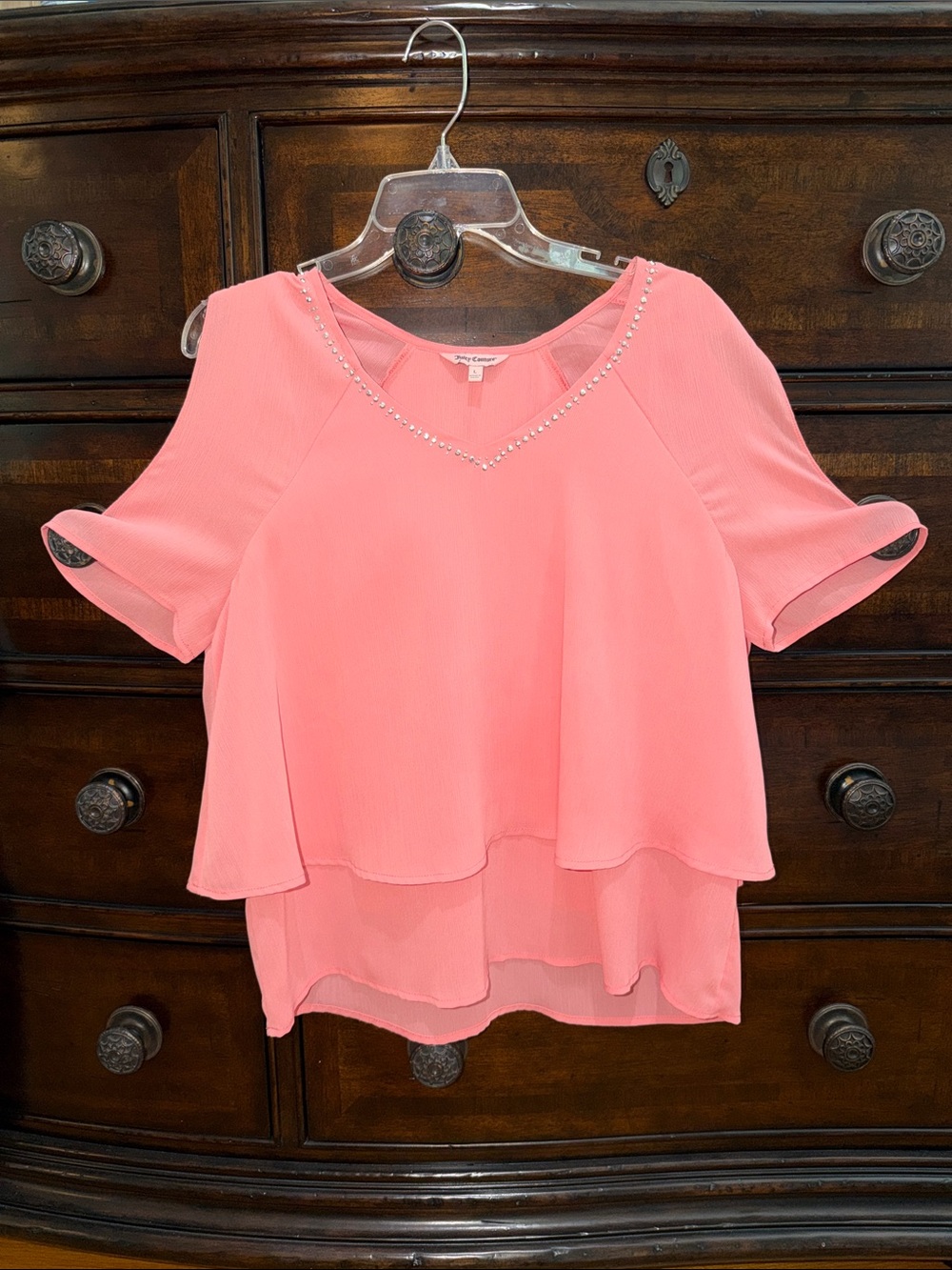 Juicy Couture Coral Pink Layered V-Neck Blouse with Bead Trim